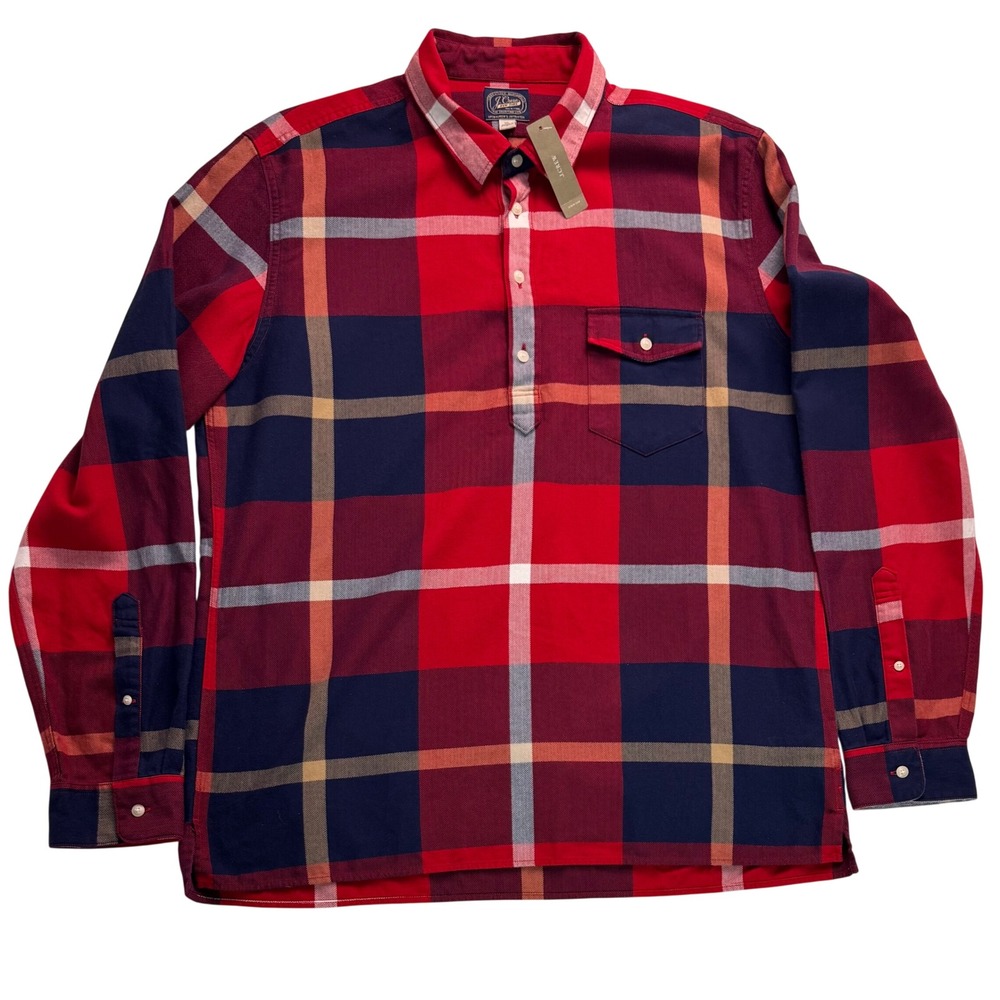 J.Crew Mens XL Red Navy Plaid Herringbone Popover Shirt B5839 NWT